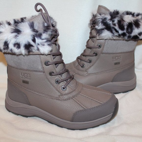 NIB UGG WOMEN'S LEOPARD LEATHER ADIRONDACK SNOW BOOTS BLACK GRAY WHITE - Picture 4 of 9
